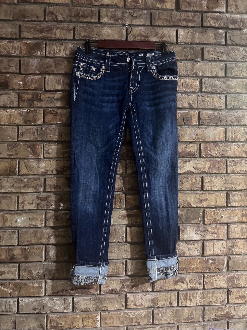 Miss Me Y2K bling Dark Blue signature cuffed embellished skinny Ankle Jeans